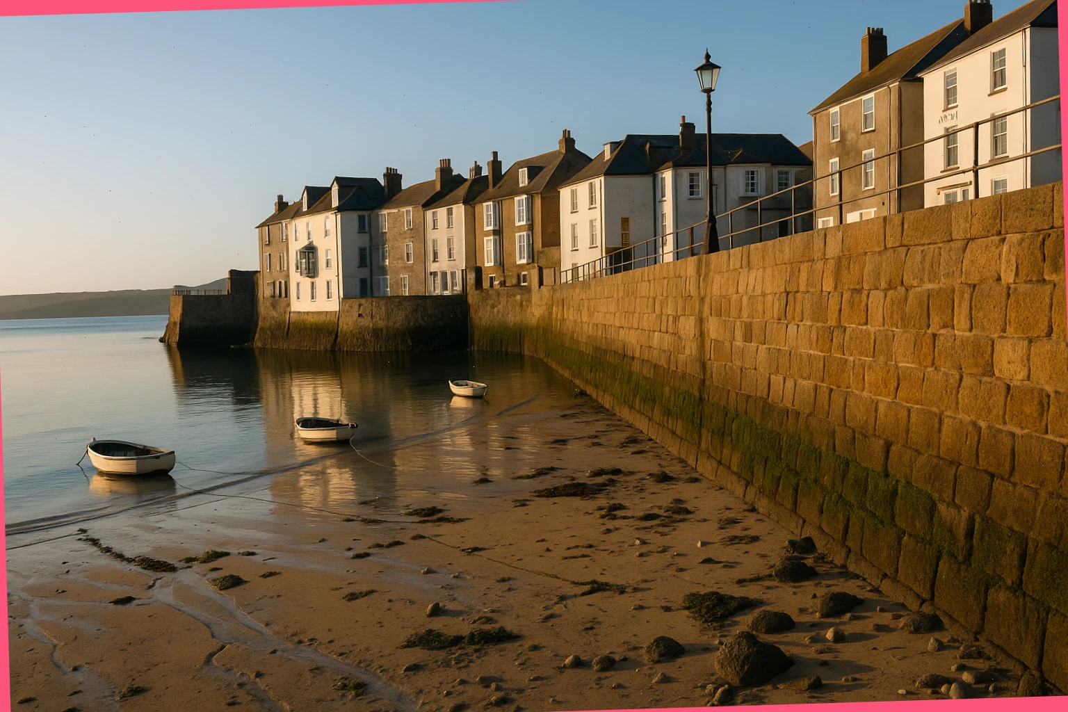 Quiet harbour wall at low tide near guest rooms