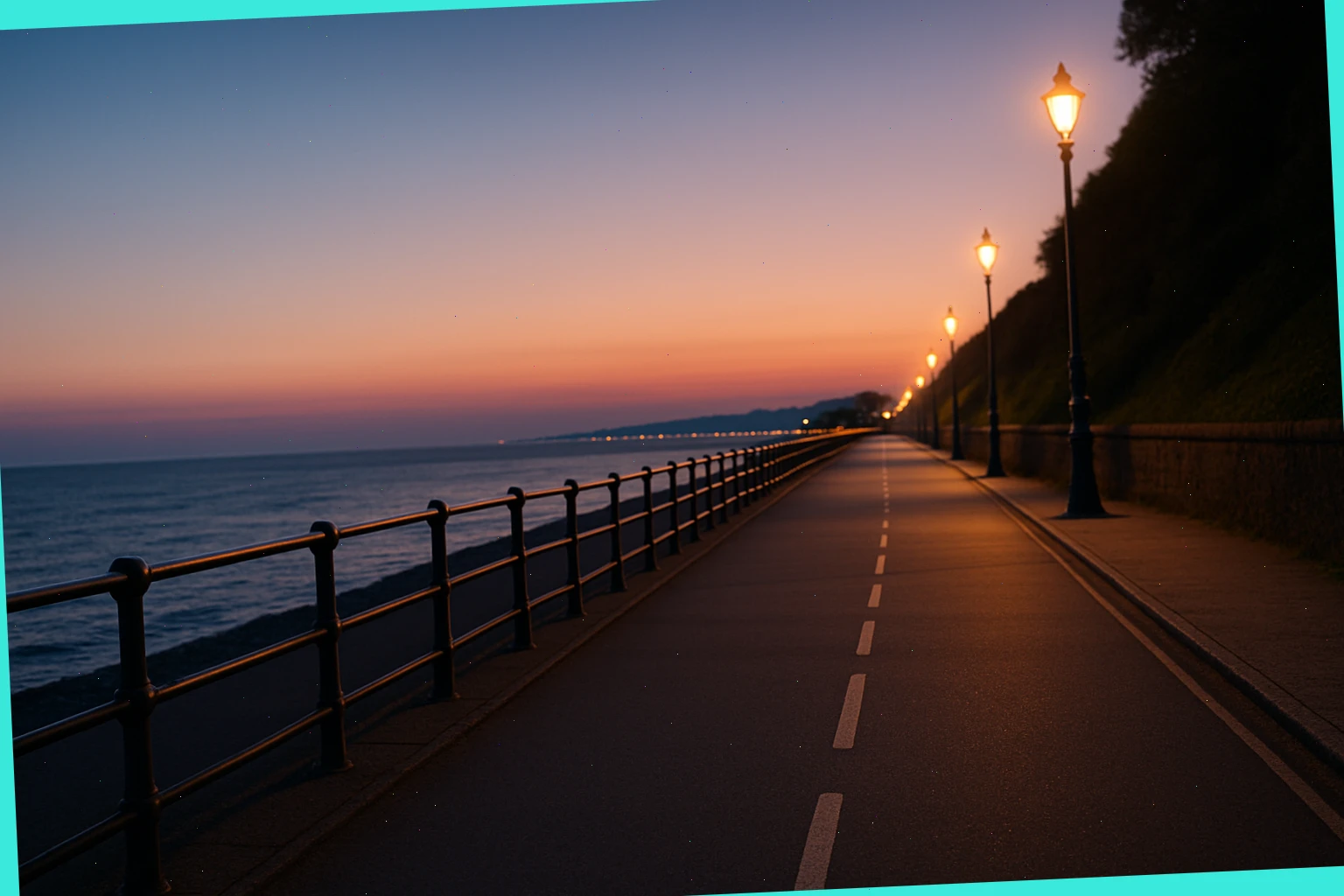 Footpath lines along the promenade at dusk