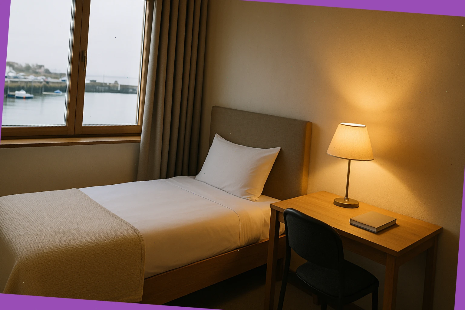Harbour room with simple desk and soft lamp