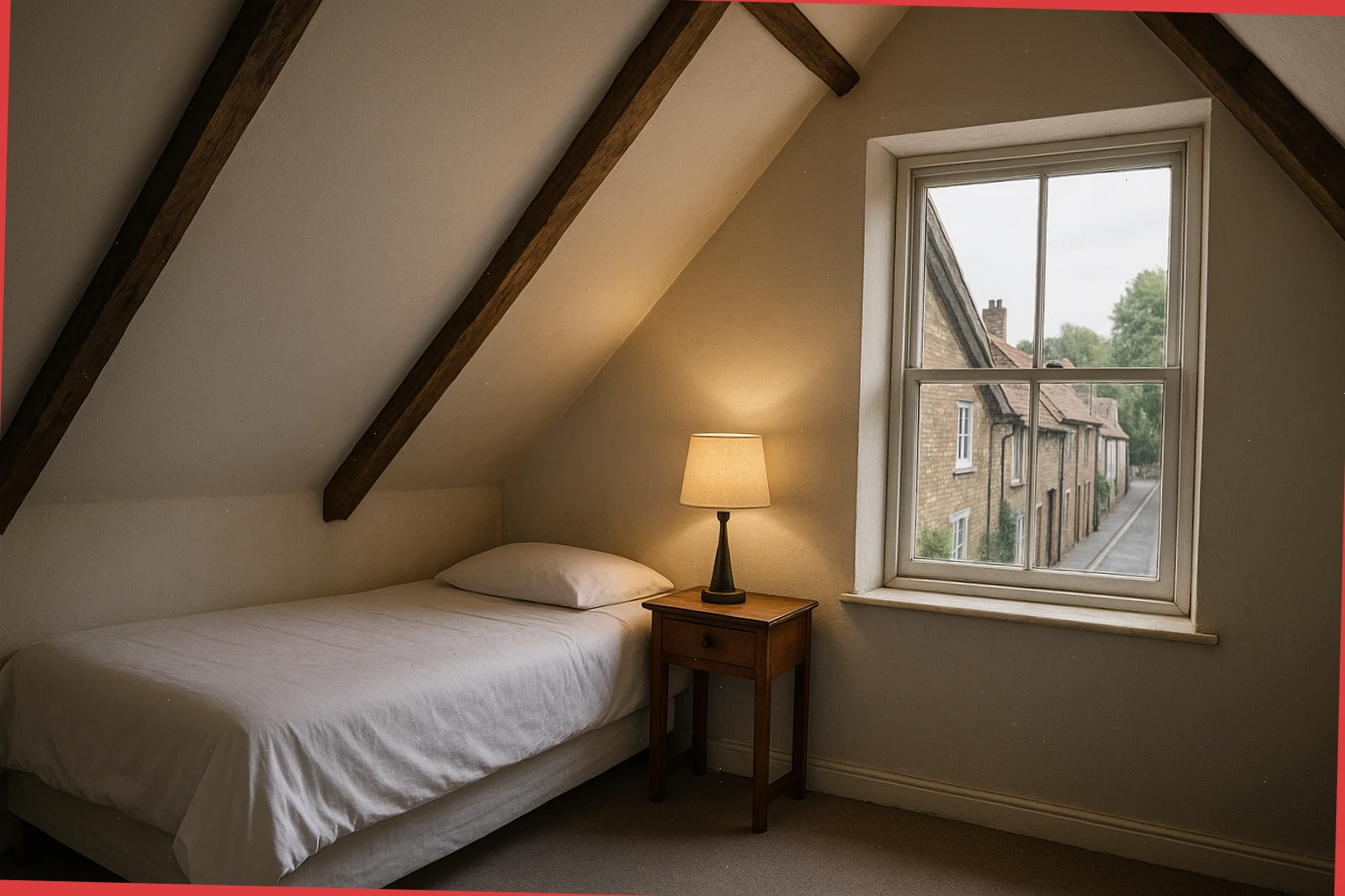 Attic loft with sloped ceiling and quiet lane outlook
