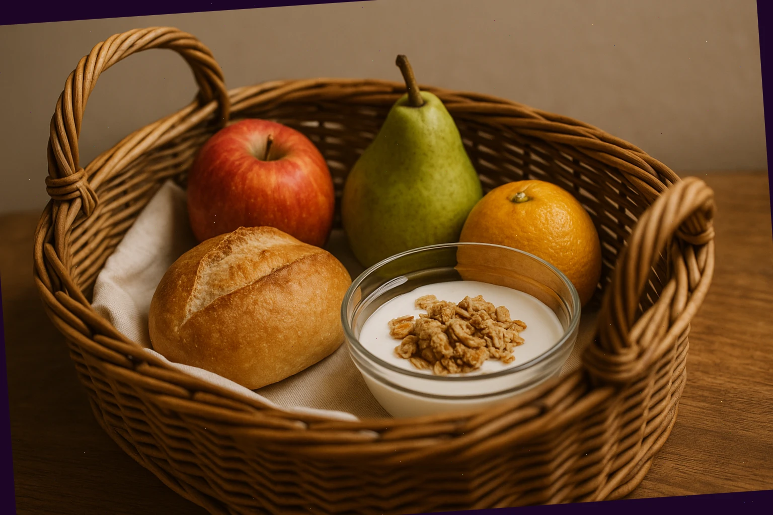 Small breakfast basket with fruit and fresh roll