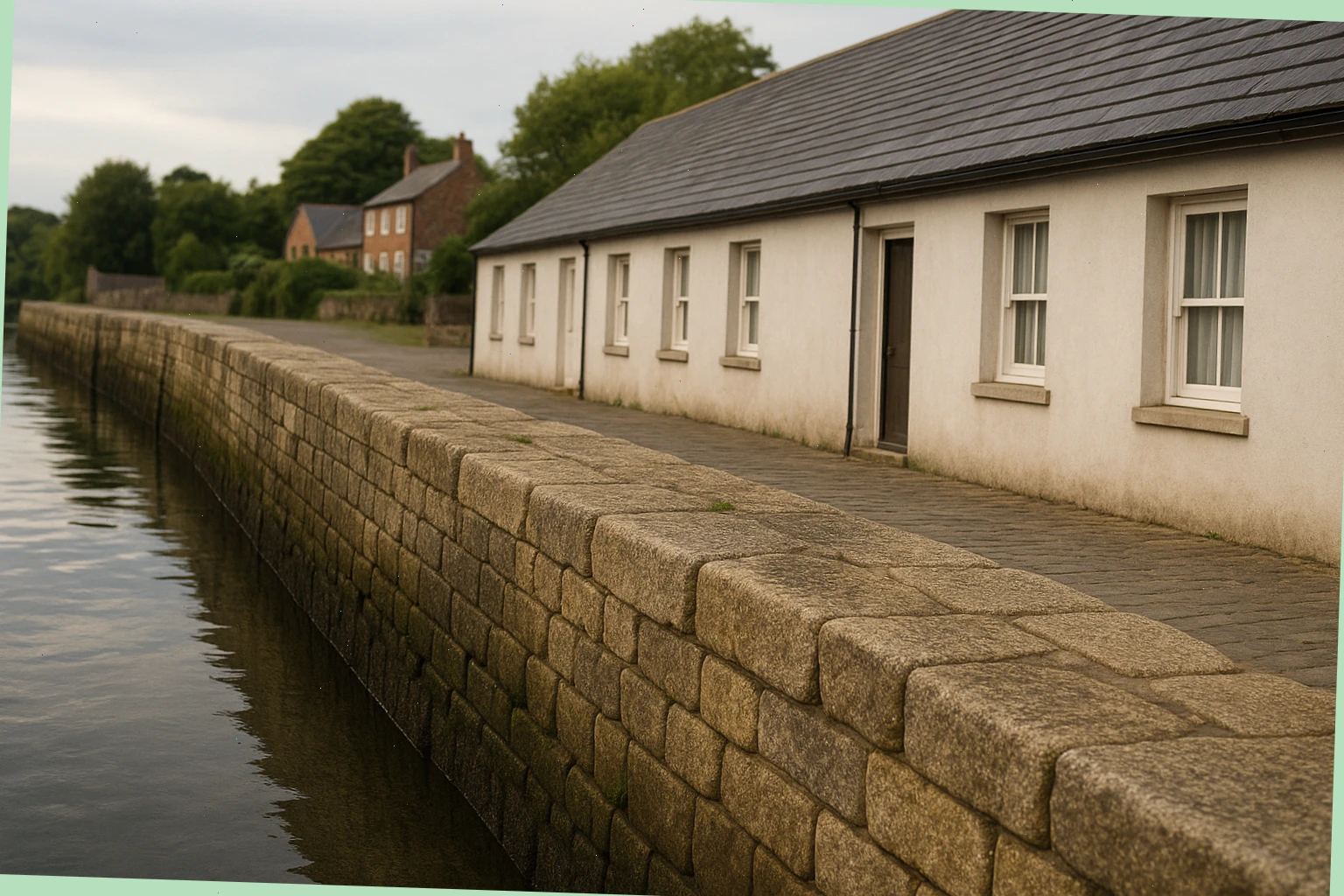 Stone quay by calm water near simple guest rooms